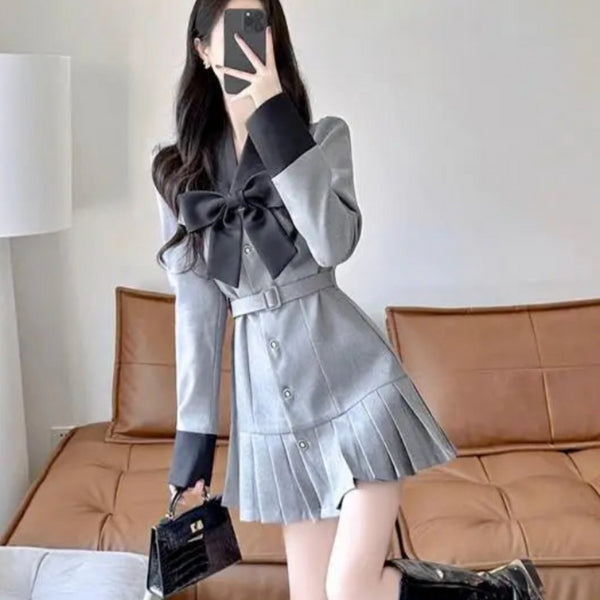 Bigリボン制服風グレーワンピース