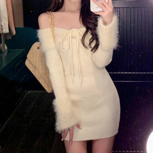 プチリボンオフショルミニニットワンピース