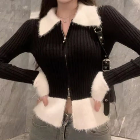 ジッパーバイカラーニット