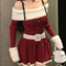 レッドバイカラーオフショルニットミニワンピ