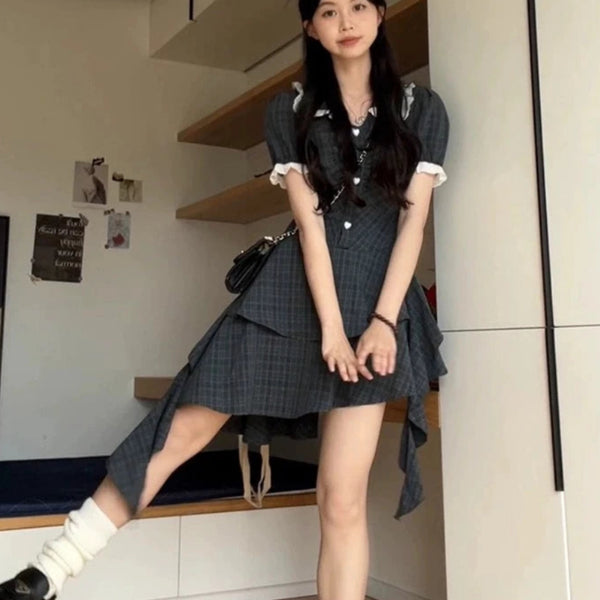 デザインスカートチェックワンピ