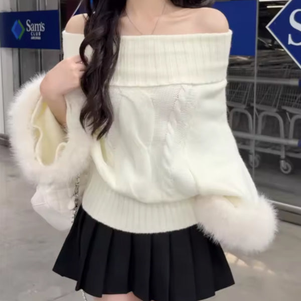 オフショルケーブルニット