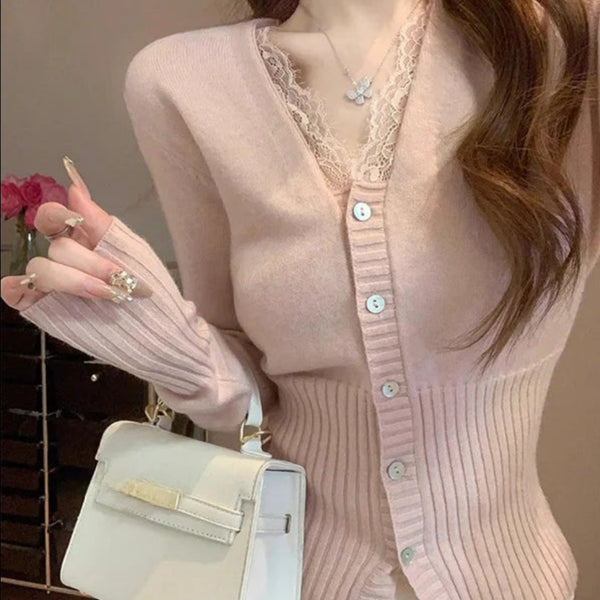 レースVネックニット