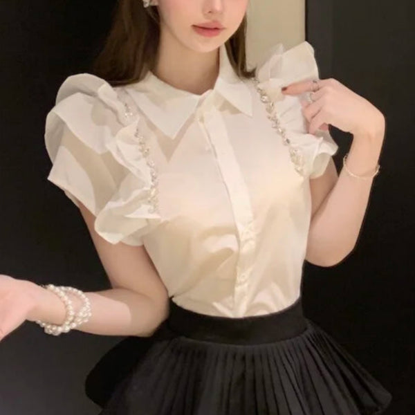 ビジューフリルスリーブブラウス
