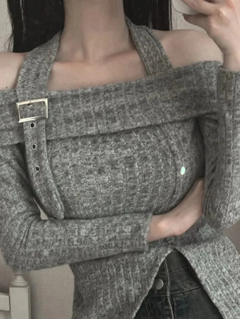 ホルターネックオフショルワンピ