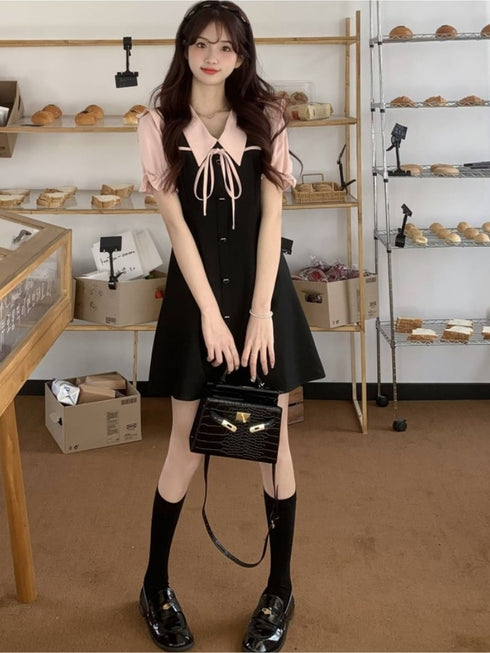 ピンクブラックミニ丈リボンワンピ