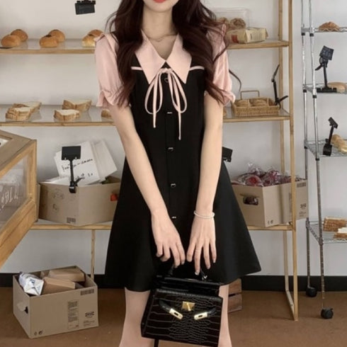 ピンクブラックミニ丈リボンワンピ