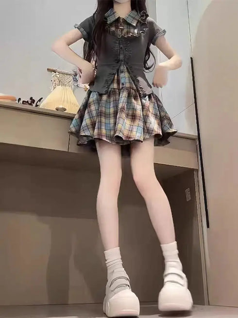 チェックミニ丈ワンピセット