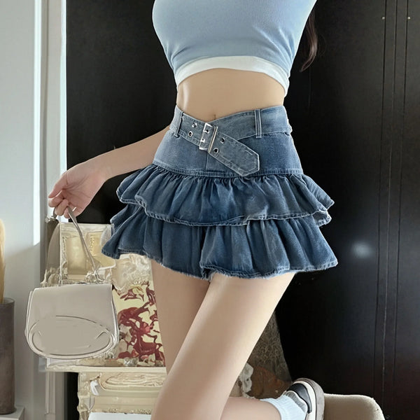 2段フリルデニムミニスカート
