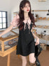 ピンクブラックミニ丈リボンワンピ
