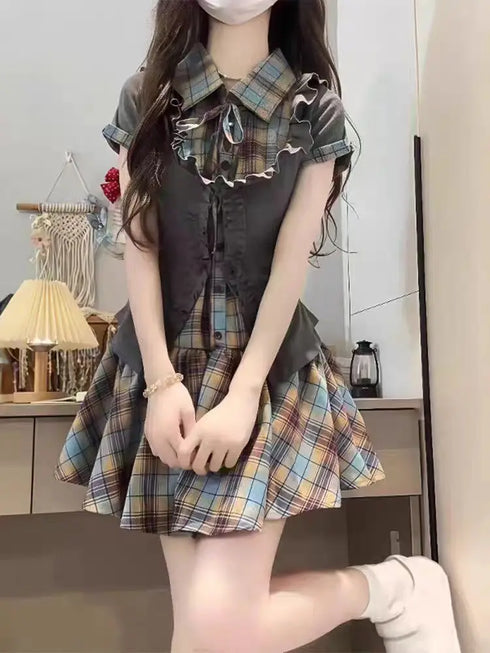 チェックミニ丈ワンピセット