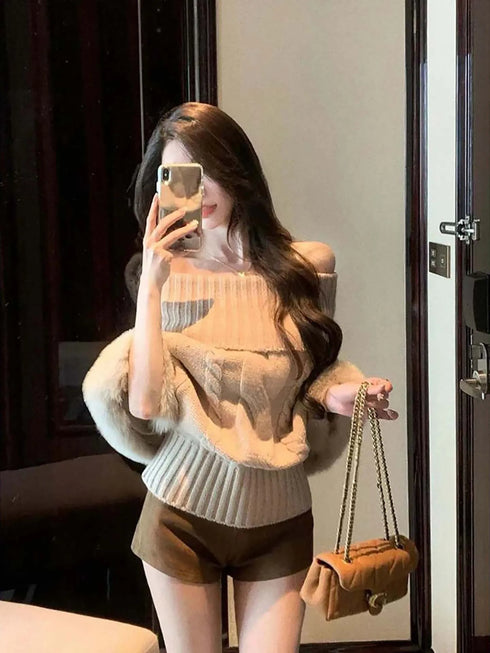 オフショルケーブルニット