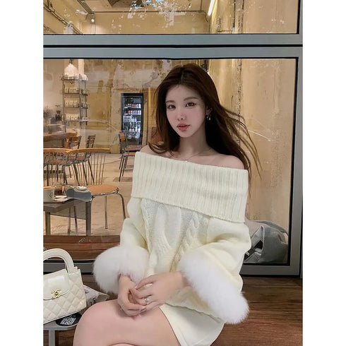 オフショルケーブルニット