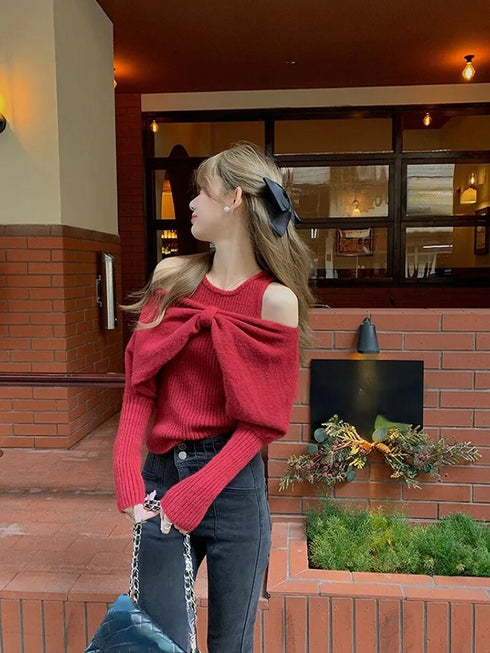 デザインリボンオフショルニット