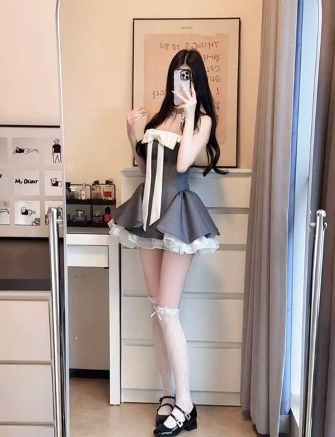 チューブトップリボングレーワンピ