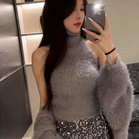 ハイネックファーセットトップス