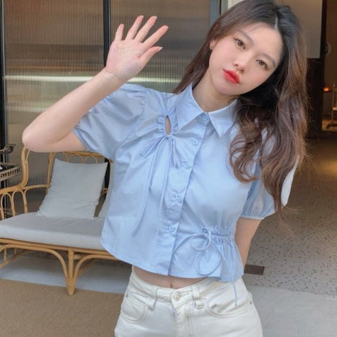 シャーリングリボンデザインブラウス