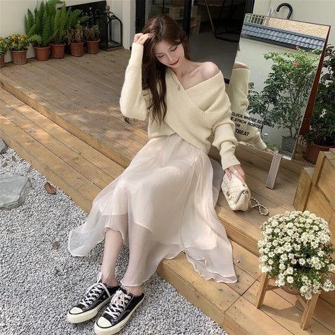 クロスデザインクリームニット