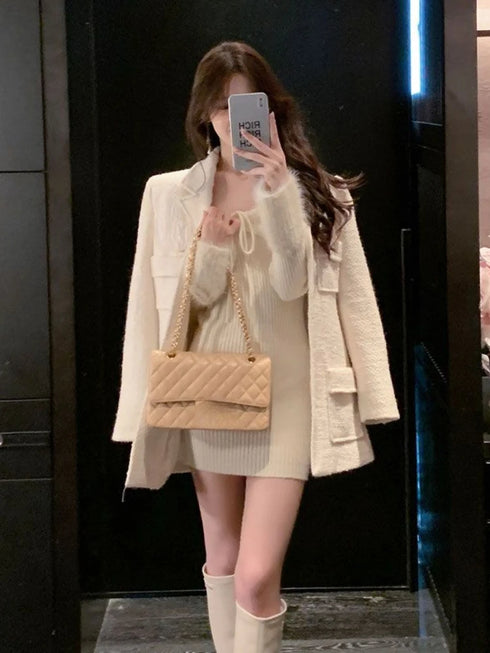 プチリボンオフショルミニニットワンピース