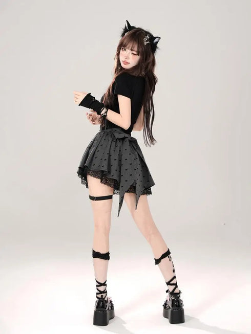 バックリボングレーミニスカート