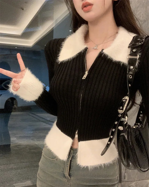 ジッパーバイカラーニット