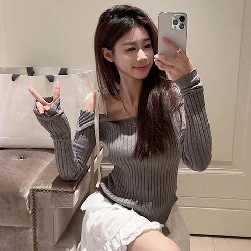 ワンショルカットデザインニット