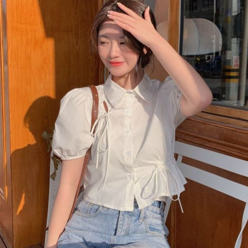 シャーリングリボンデザインブラウス