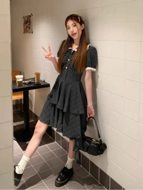 デザインスカートチェックワンピ