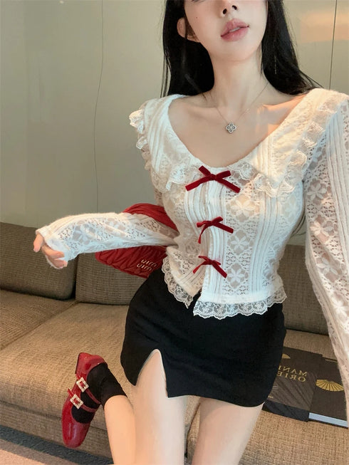 レース赤リボンカーディガン