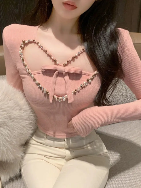 オープンハートパールデザインニット