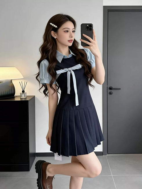 アクセントリボン制服風ワンピース