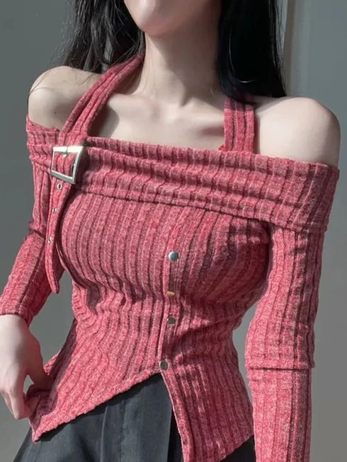 ホルターネックオフショルワンピ