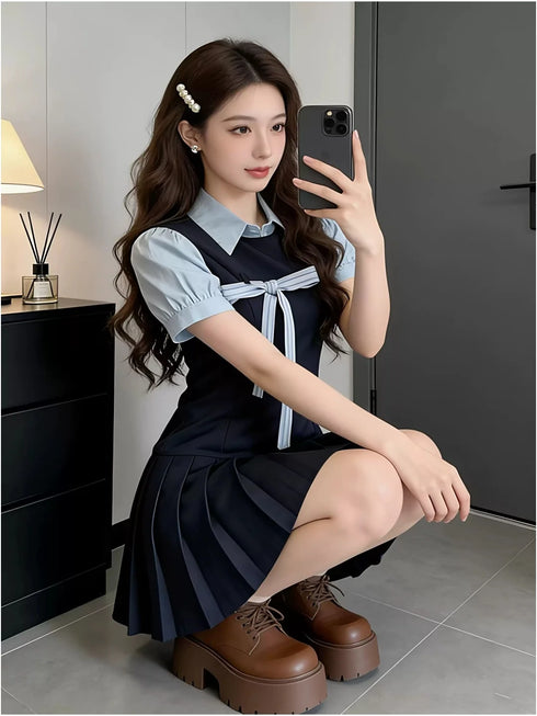 アクセントリボン制服風ワンピース
