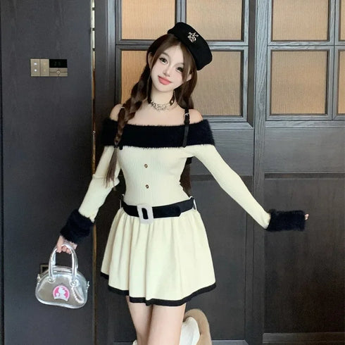 バイカラーオフショルニットミニワンピ