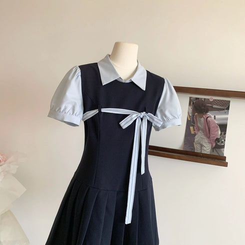 アクセントリボン制服風ワンピース