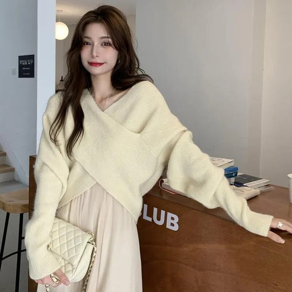 クロスデザインクリームニット