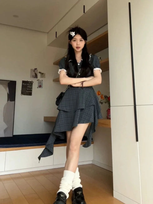 デザインスカートチェックワンピ