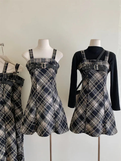 センターベルトチェックワンピース