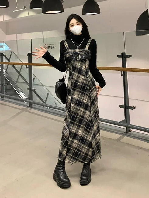 センターベルトチェックワンピース
