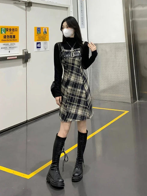 センターベルトチェックワンピース