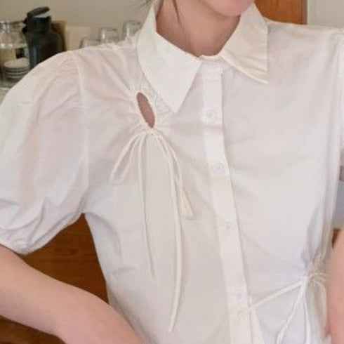 シャーリングリボンデザインブラウス