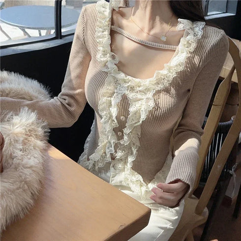 アクセントレースフリルニット