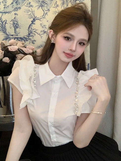 ビジューフリルスリーブブラウス