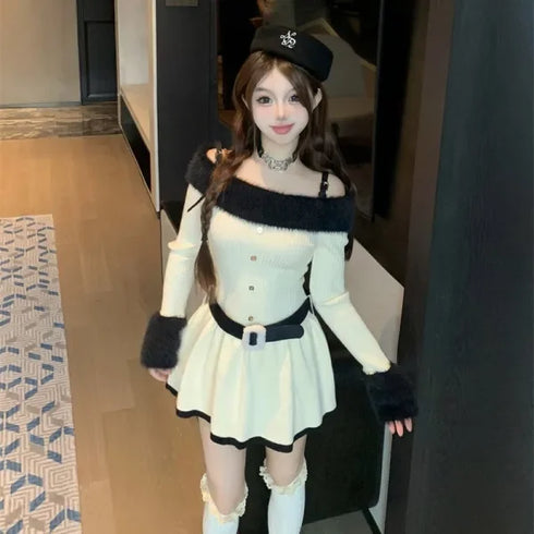 バイカラーオフショルニットミニワンピ