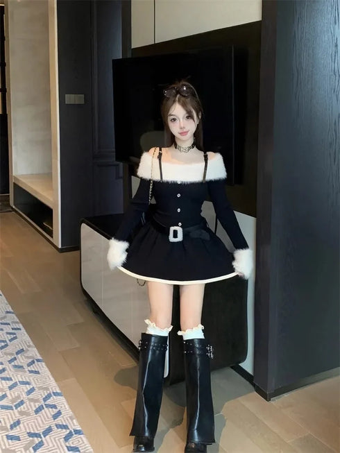 バイカラーオフショルニットミニワンピ