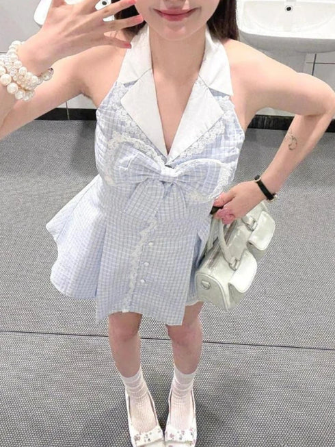 サマーブルーチェックワンピ