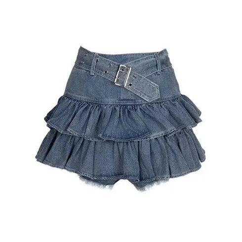 2段フリルデニムミニスカート
