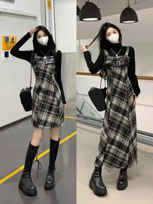 センターベルトチェックワンピース