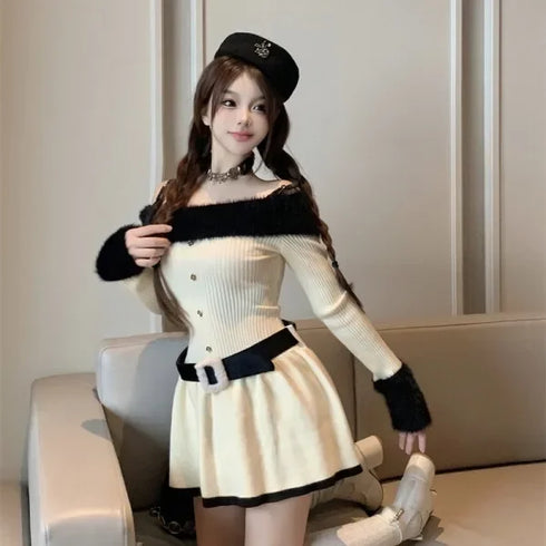 バイカラーオフショルニットミニワンピ