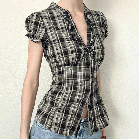 ウエストマークチェックブラウス